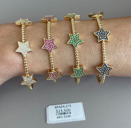 Brazalete Rígido Texturizado de Estrellas con Circonias de Colores