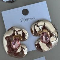 Aretes Maxis Ondulados con Piedra Rosa Ovalada