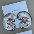 Aretes Maxis Ondulados con Piedra Rosa Ovalada