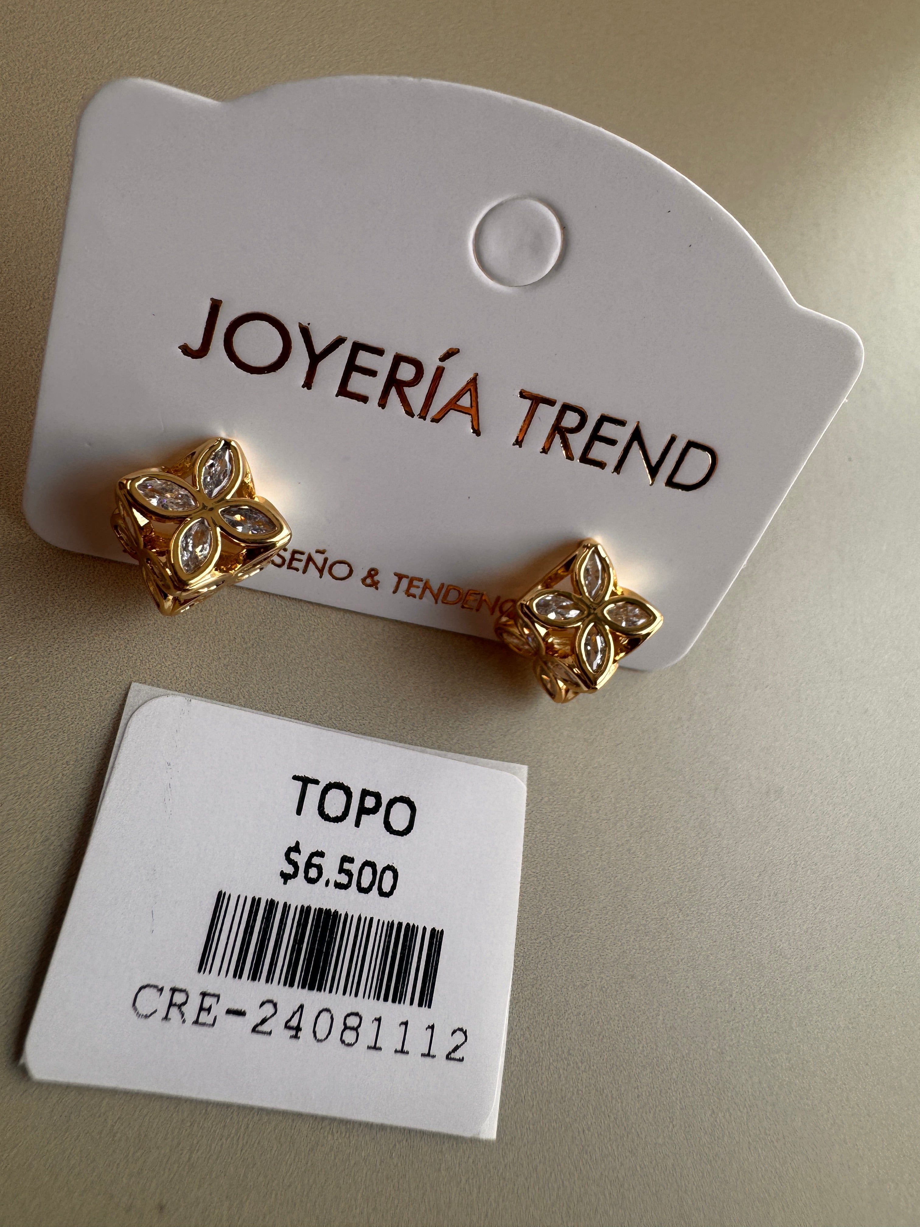 Aretes Topo Dorados con Flor de Cristales Claros
