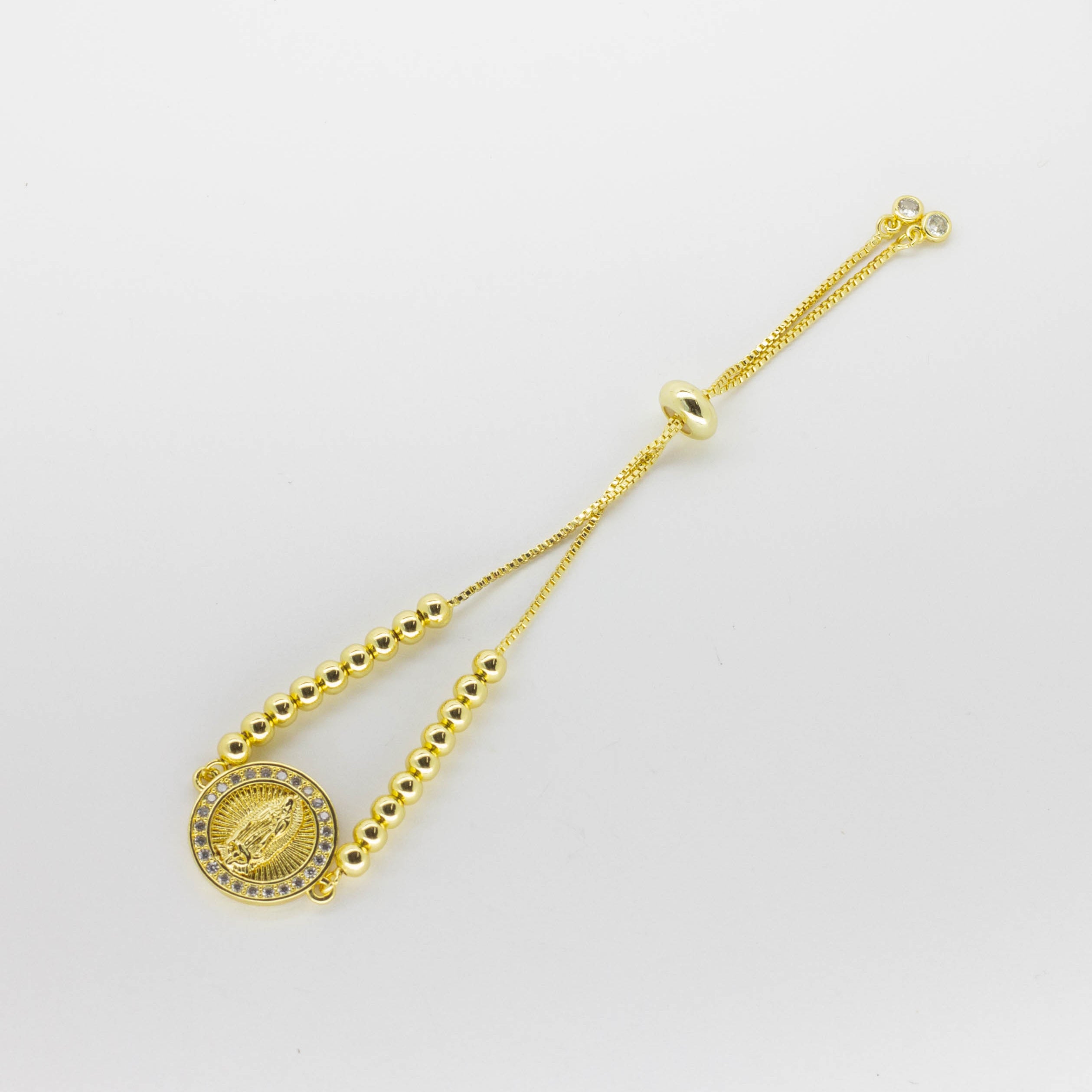 Pulsera Ajustable Dorada Virgen de Guadalupe en Relieve y Circonias