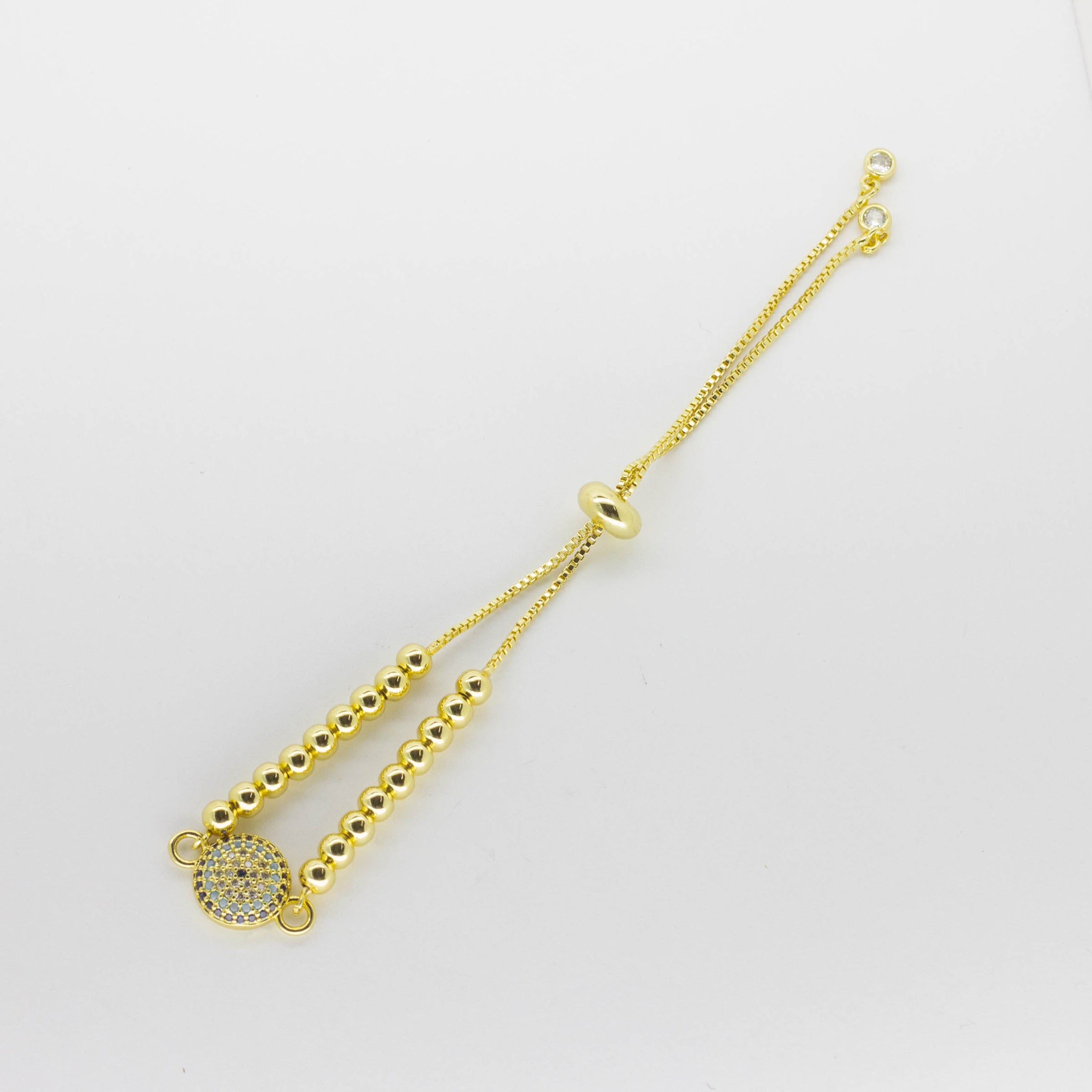 Pulsera Ajustable Dorada Ojo Turco con Circonias y Esferas