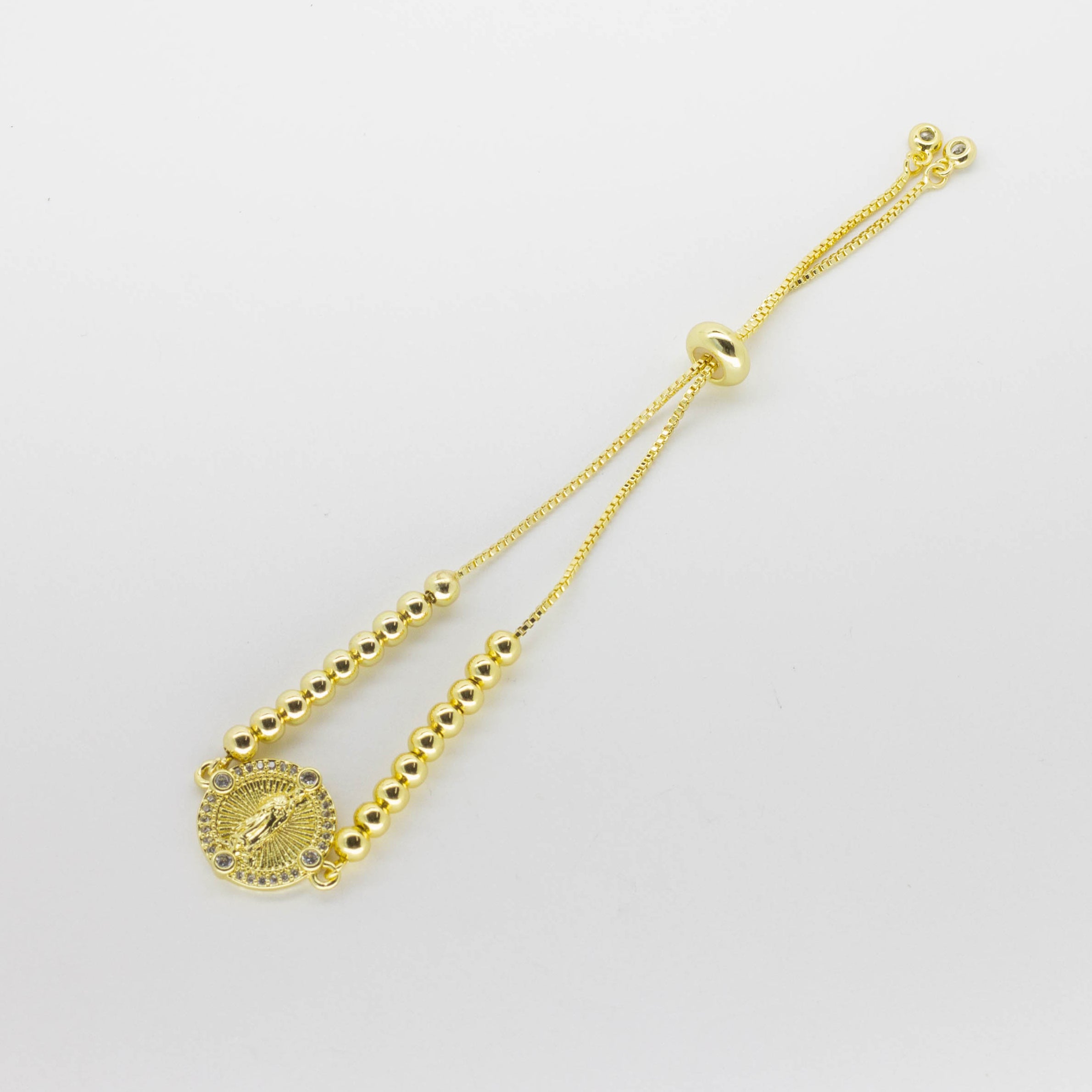 Pulsera Ajustable Dorada con Medalla Religiosa y Cristales