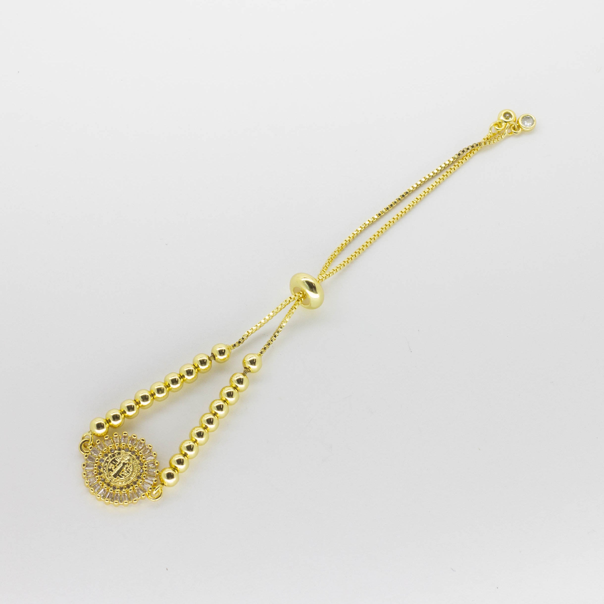Pulsera Ajustable Dorada San Benito con Pedrería y Esferas
