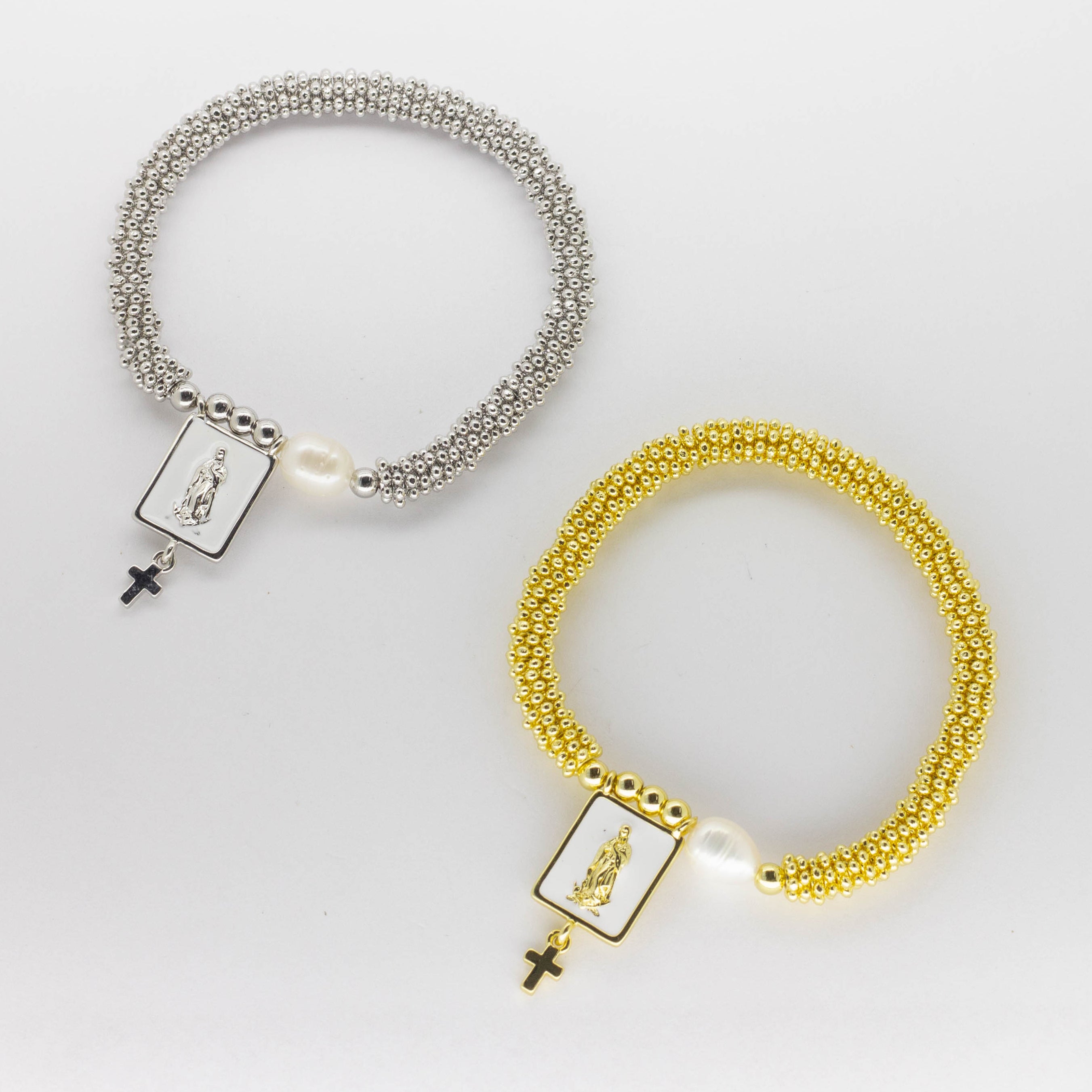 Pulsera Tejida de Balines con Dije Rectangular Virgen y Perla