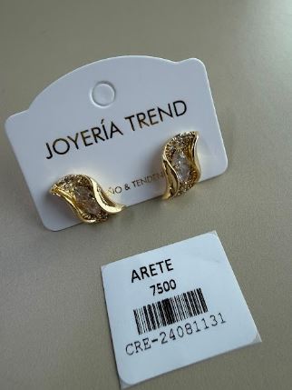 Aretes Topo Ondas Dorados con Cristal Central