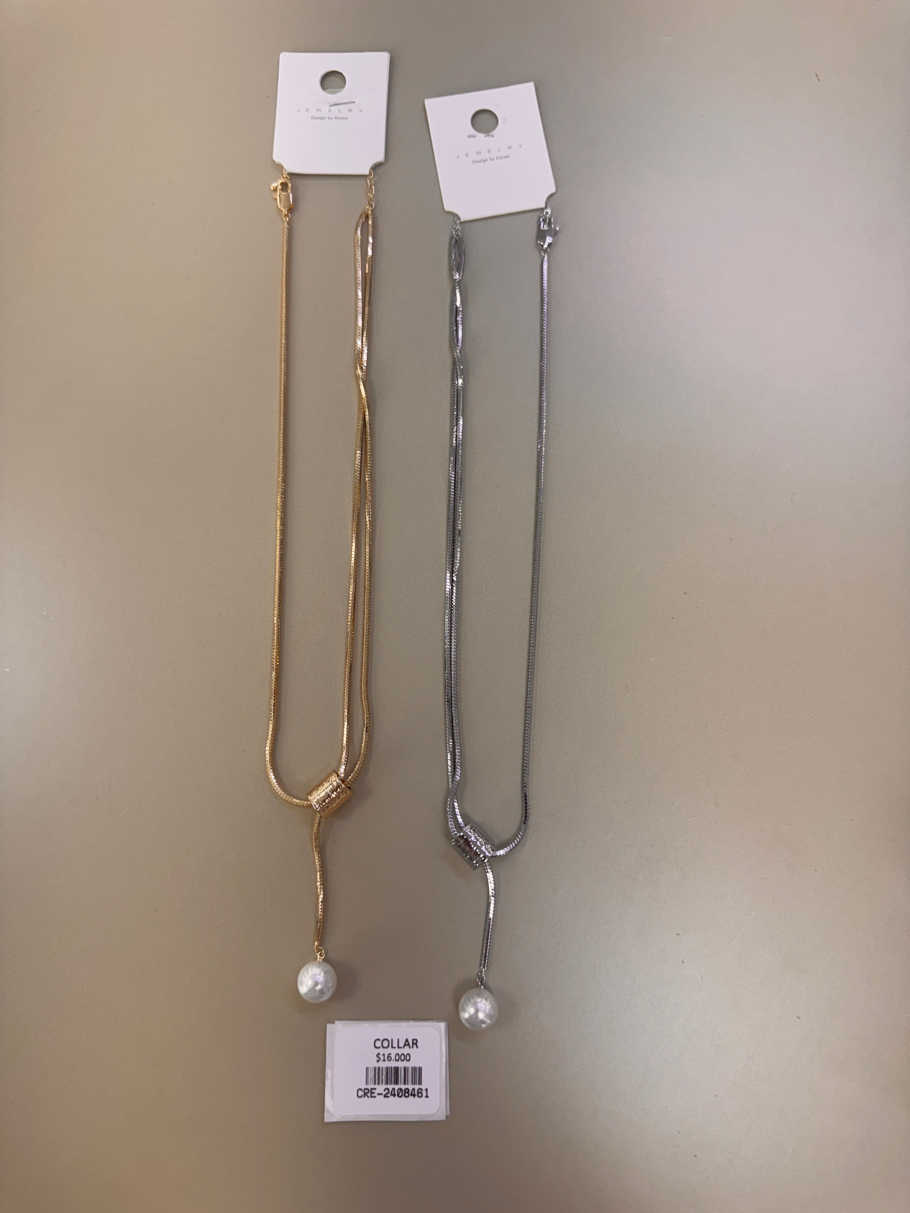 Collar Tipo Lariat con Cadena Plana y Perla Colgante