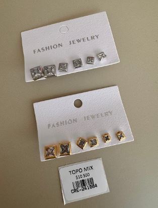 Set de Aretes Topo Mix Cuadrados con Cristales