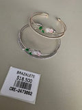 Brazalete Rígido Doble con Flor Rosa y Hojas Verdes de Circonias