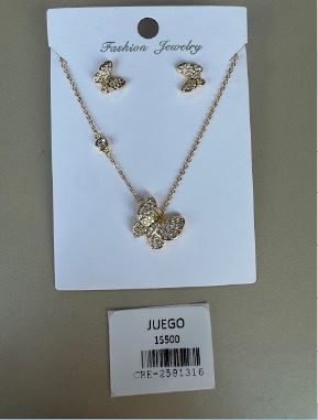 Juego Collar y Aretes Mariposa Brillante Dorado