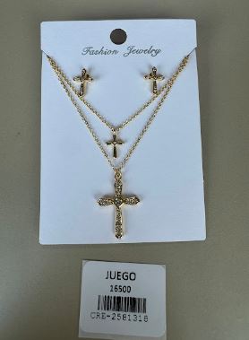 Juego Collar Doble y Aretes Cruz Brillante Dorado