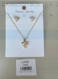 Juego Collar y Aretes Corazón con Piedra Central Dorado