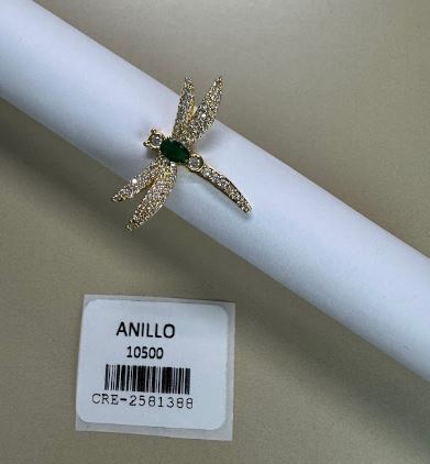 Anillo Diseño Libélula con Piedra Verde y Cristales