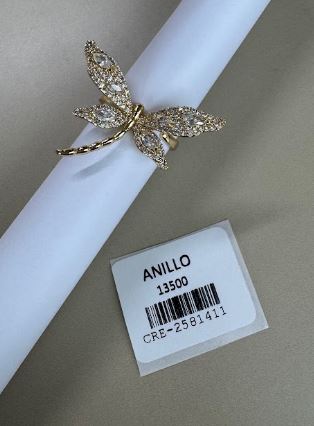 Anillo Dorado Diseño Libélula con Cristales