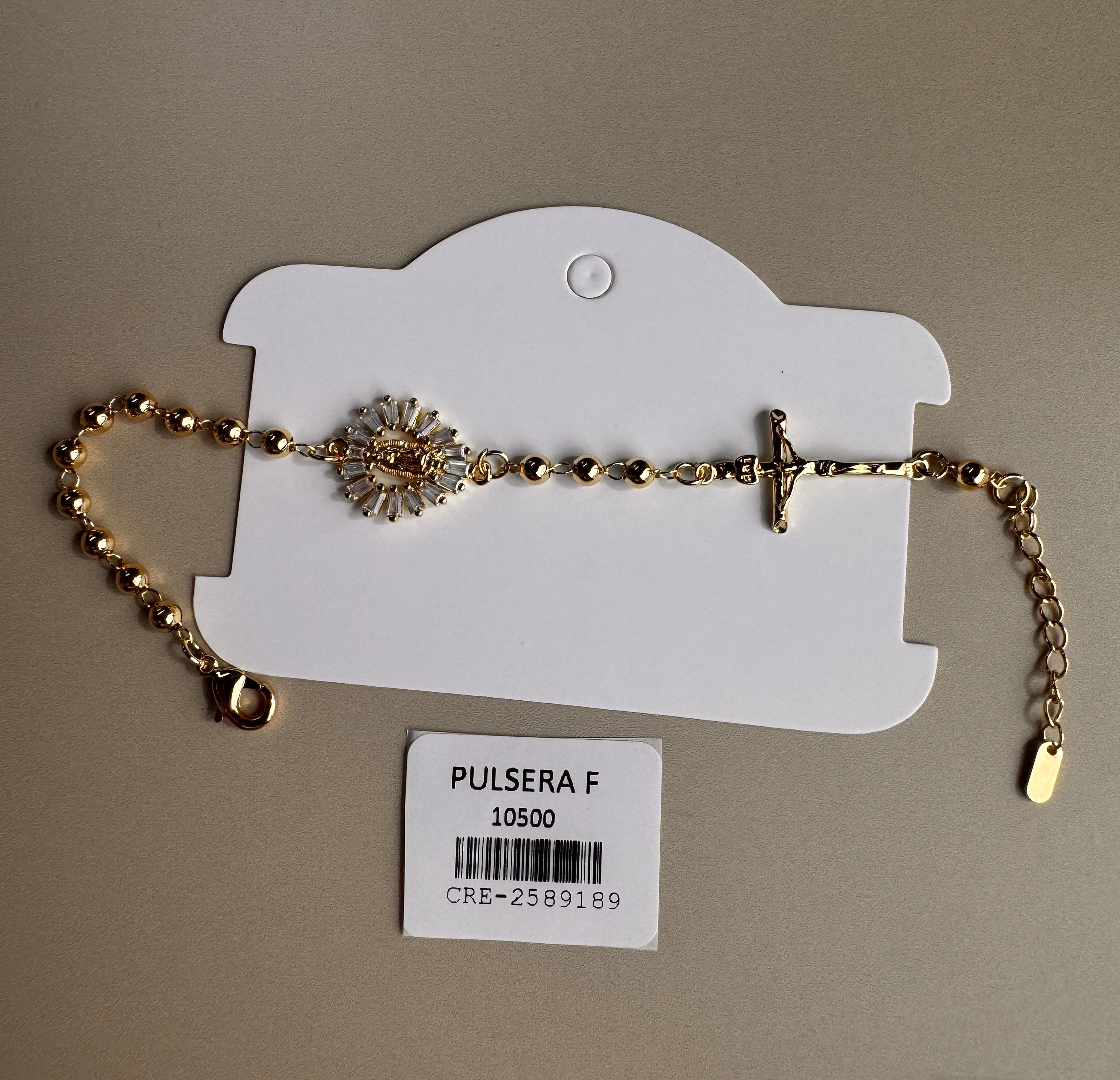 Pulsera Rosario con Cruz y Medalla Dorada