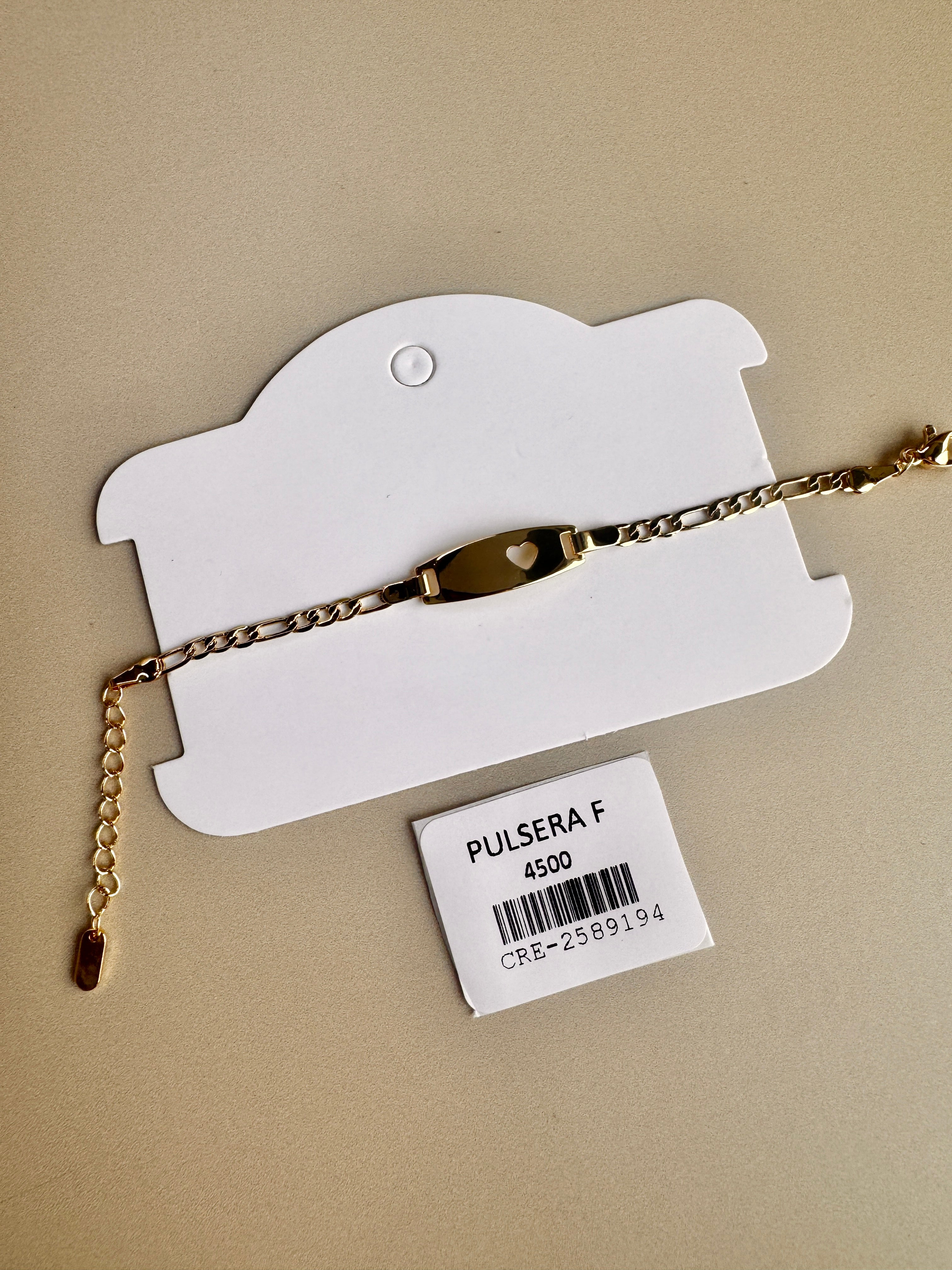 Pulsera de Eslabones con Placa y Corazón Calado