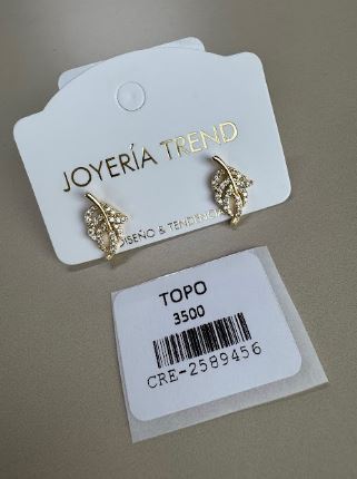 Aretes Topo Hoja Dorados con Pavé de Cristales
