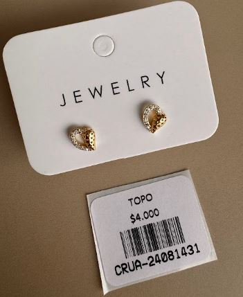 Aretes Topo Corazón Asimétrico Dorados con Cristales