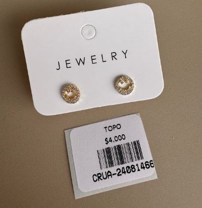 Aretes Topo Círculo con Diseño de Carita Feliz y Brillos