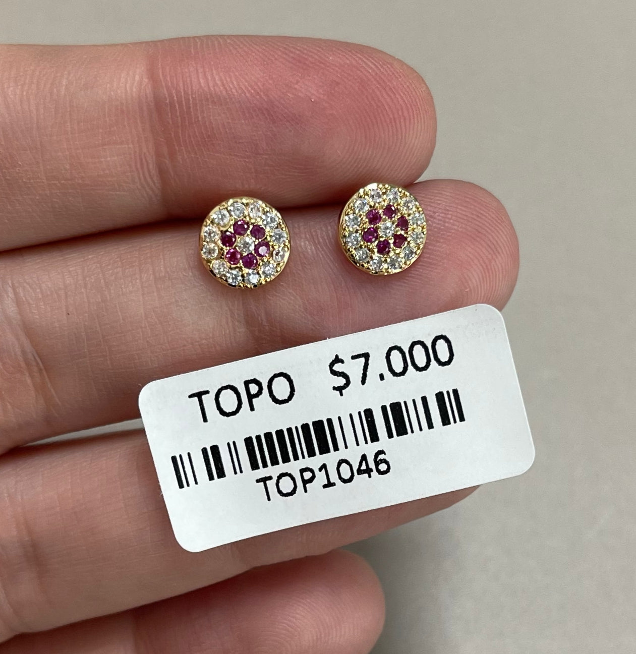 Aretes Topo Redondos con Cristales Fucsia y Transparentes
